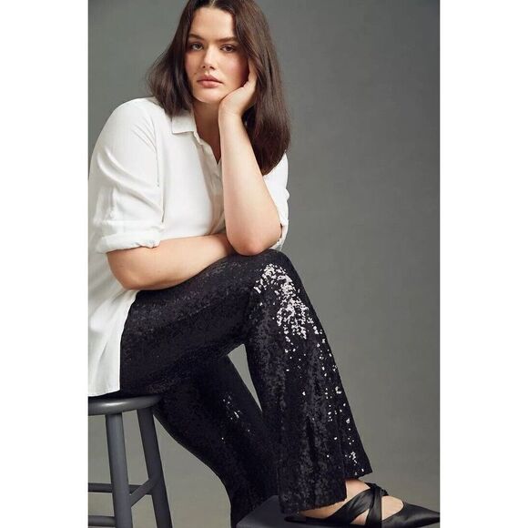 Anthropologie Joni Sequin Flare Pants Black Cocktail Party Sparkle US 4 NWT - Picture 6 of 11